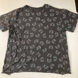 Womens Awake Cats‎ Tee Shirt Gray Black White M Cotton Short Sleeve